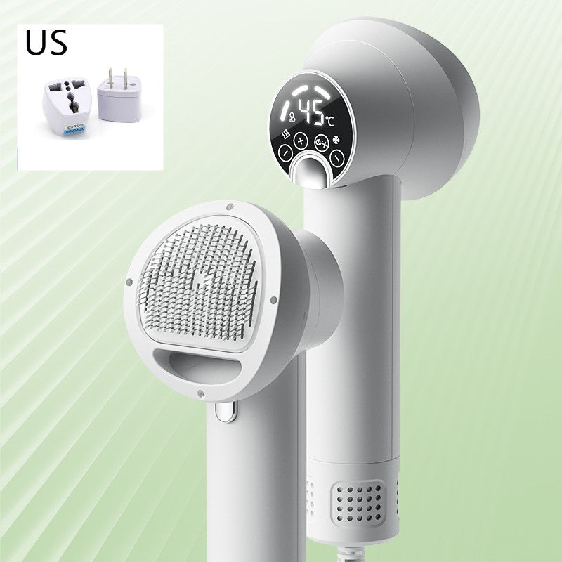 Pet hair dryer with brush head and digital temperature display, with plug adapter kit