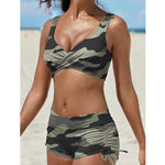 Camouflage bandeau bikini set with crisscross top and ruched high-cut tie-side shorts