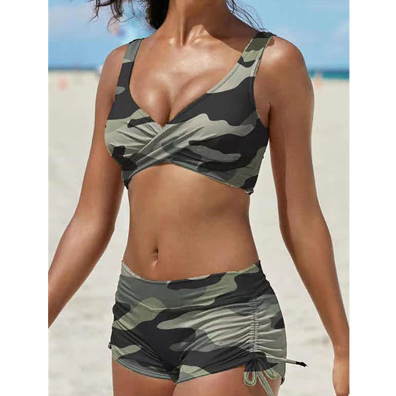 Camouflage bandeau bikini set with crisscross top and ruched high-cut tie-side shorts