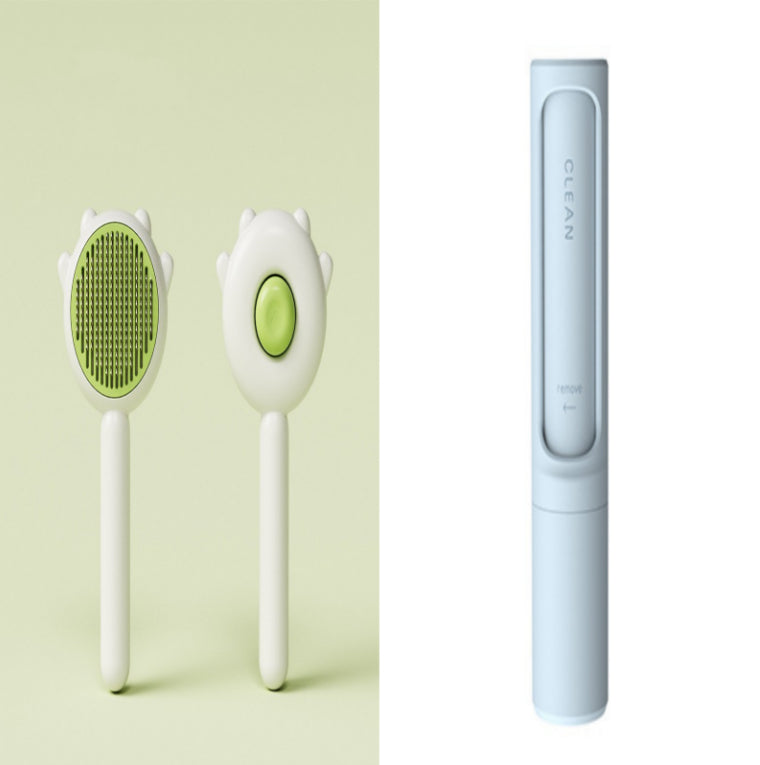 Pet grooming massage comb with green round bristle brushes and a blue curea2 handle