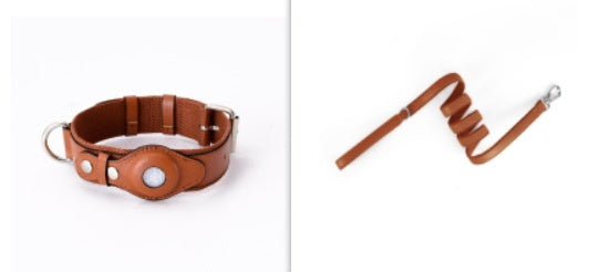 Brown leather pet collar with AirTag holder, metal clasp, and adjustable strap