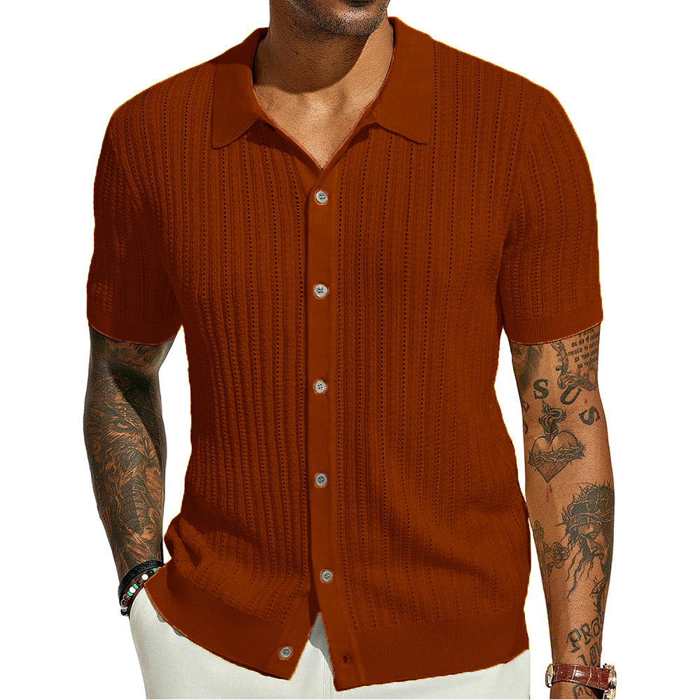 Rust brown knitted polo shirt with point collar, short sleeves, button placket