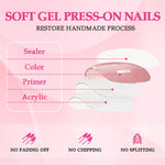 Soft gel press-on nails shown with a layered application guide on fingers