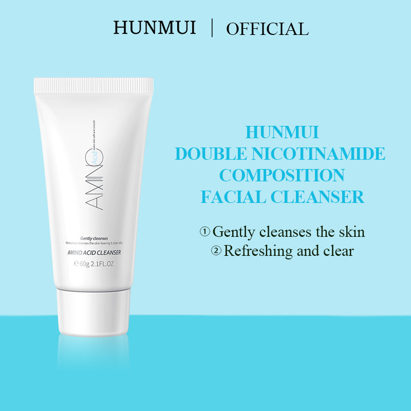 HUNMUI amino acid face cleanser tube, white squeeze container with ribbed cap