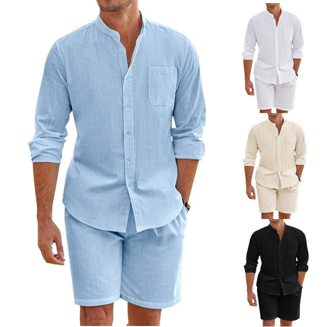 Long-sleeve button shirt and shorts set, light blue with chest pocket