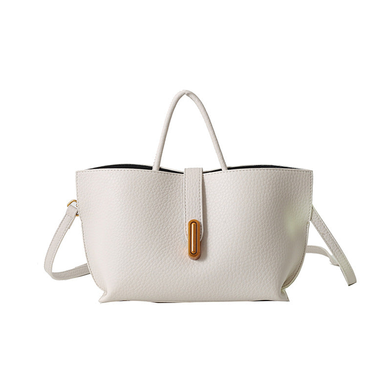 PU bucket tote with zipper, top handles and shoulder strap, cream off-white