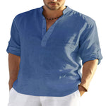 Men's cotton-linen long-sleeve shirt, blue stand collar and button placket