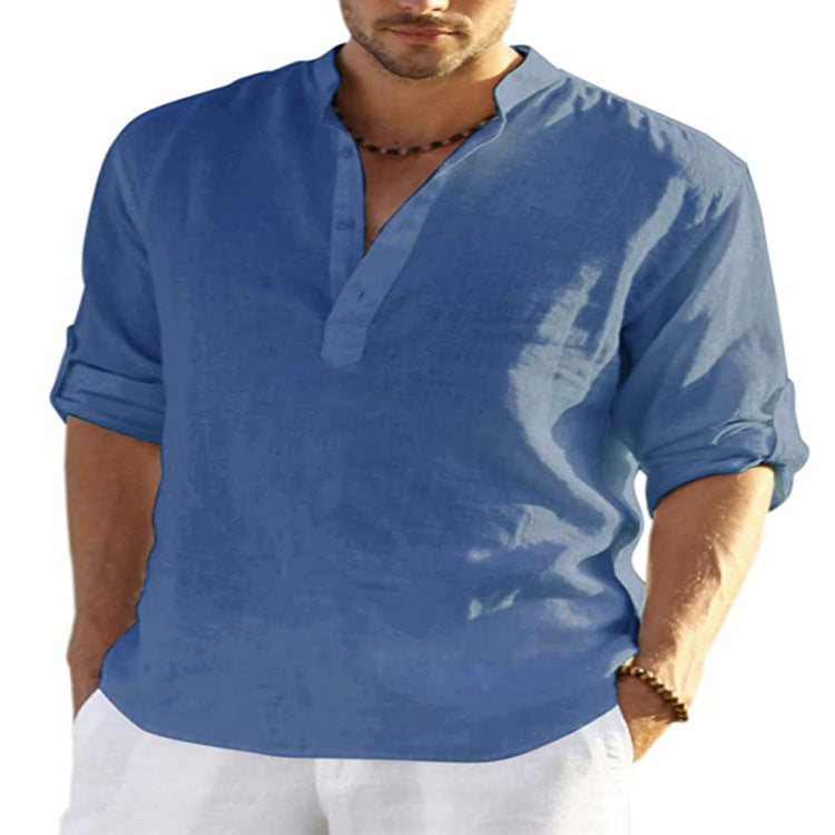 Men's cotton-linen long-sleeve shirt, blue stand collar and button placket