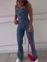Sleeveless denim jumpsuit with square neckline and paneled seams at the legs