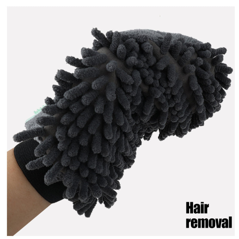 2-in-1 pet grooming glove: fluffy gray chenille massage side