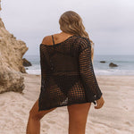 Black mesh hollow knit beach cover-up top with wide sleeves and open back