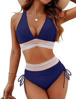 High waist bikini set: V-neck triangle top, striped band, drawstring side bottoms—navy blue