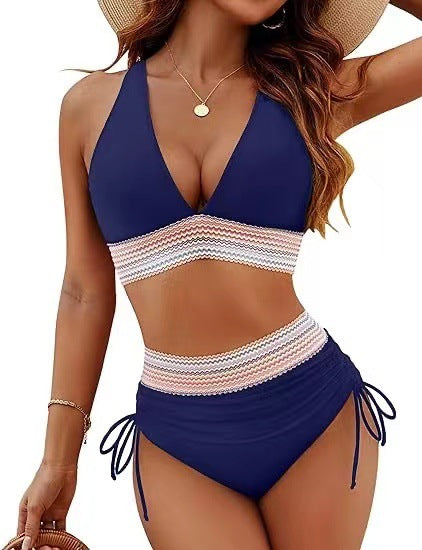 High waist bikini set: V-neck triangle top, striped band, drawstring side bottoms—navy blue