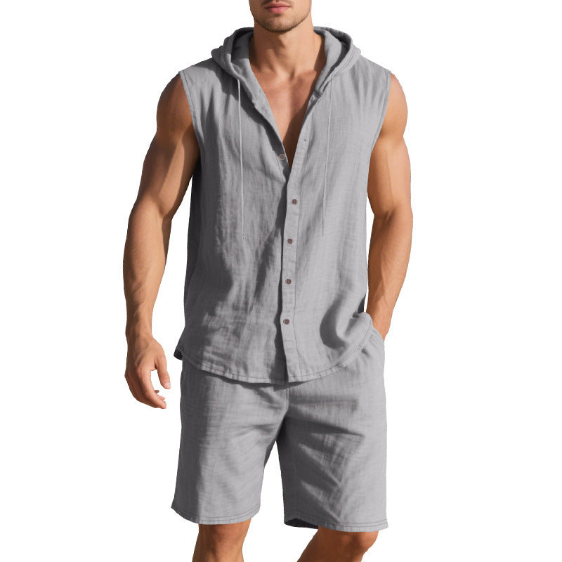 Men's sleeveless two-piece set in light gray, hooded button-front shirt and matching shorts.