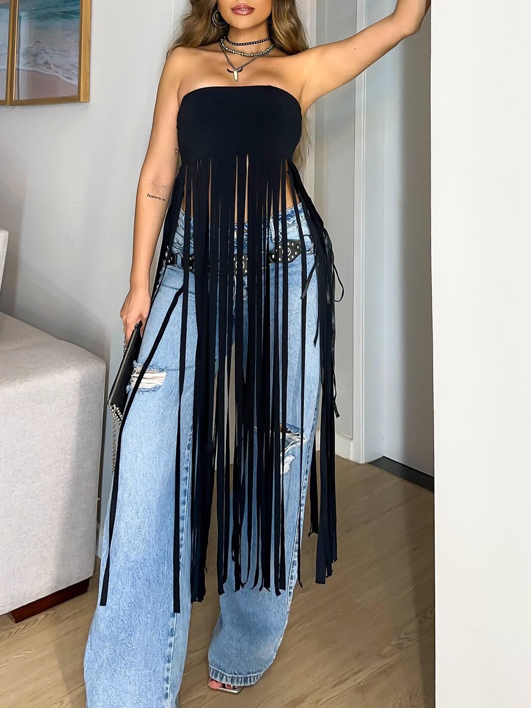Haut bandeau noir à franges