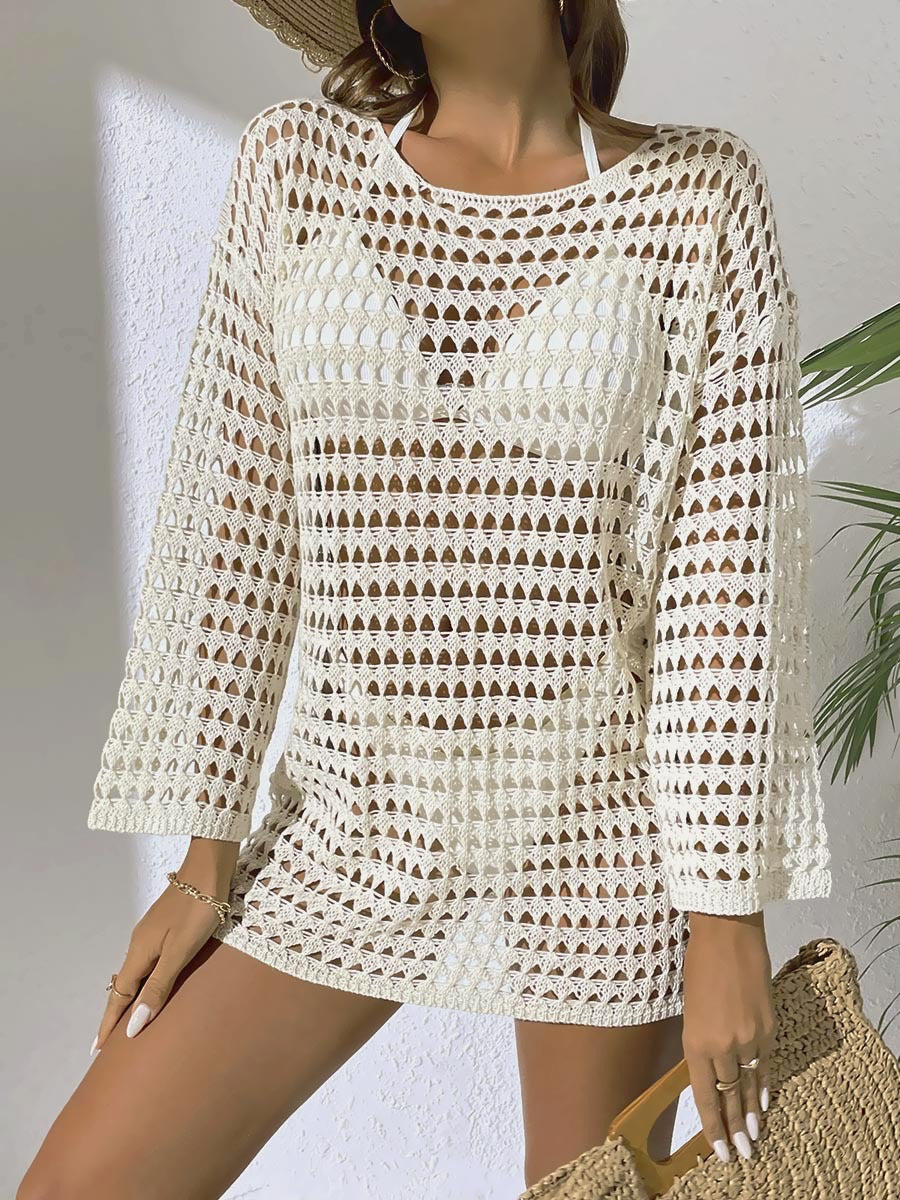 Hollow-knit beach dress, white, long sleeves, round neck with open crochet pattern