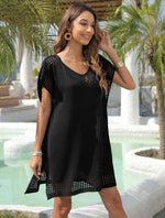 Women's hollow-out V-neck blouse, black knit tunic, V neckline, short sleeves