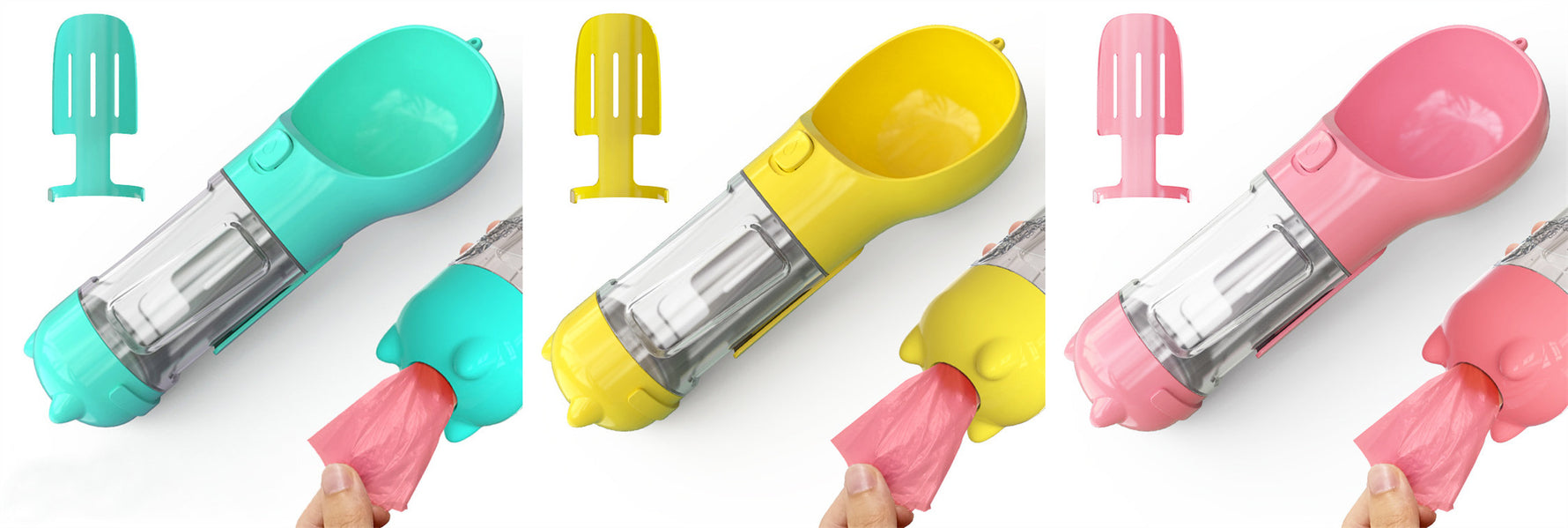 Portable pet water bottle feeder with teal, yellow, and pink bowls, includes pink waste bags