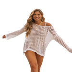 White mesh hollow knit beach cover-up top with off-shoulder neckline and long sleeves