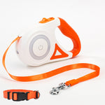 Retractable dog leash set, orange and white case with orange leash and black collar