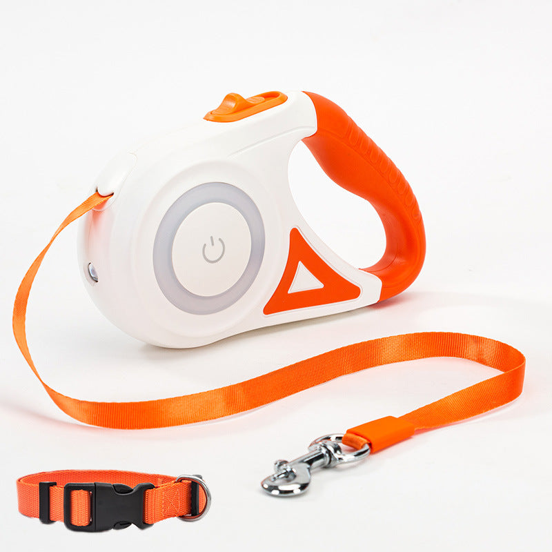 Retractable dog leash set, orange and white case with orange leash and black collar