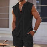 Men's black sleeveless crew-neck tank top and matching shorts set, button front