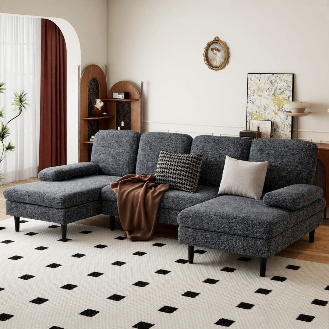 Sofá Combinado en U, Sillón Doble, Tela de Chenilla Muebles de Sala de Estar de 4 Plazas
