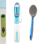 Turquoise portable dog water bottle with filter mesh, plus gray brush