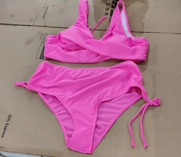 Rose pink bikini set with twist-front bra top and ruched side-tie high-waist bottoms