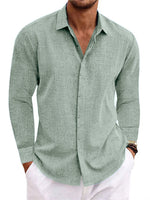 Sage green men’s long-sleeve button-front cardigan shirt with open collar and patch pocket