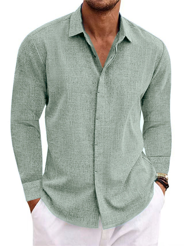 Sage green men’s long-sleeve button-front cardigan shirt with open collar and patch pocket