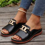 Women's chain wedge platform sandals, black upper with gold-tone buckle and open toe