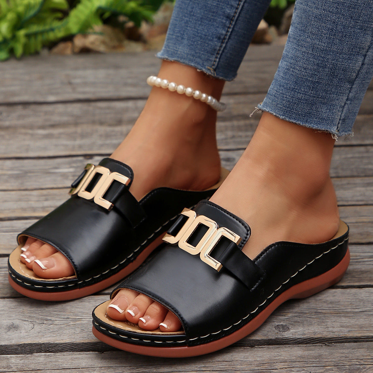 Women's chain wedge platform sandals, black upper with gold-tone buckle and open toe