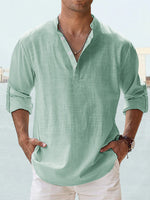Men's cotton-linen pullover shirt, stand collar, long sleeves, mint green button placket