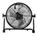 Black VEVOR cordless floor fan close front view with metal grille and stand