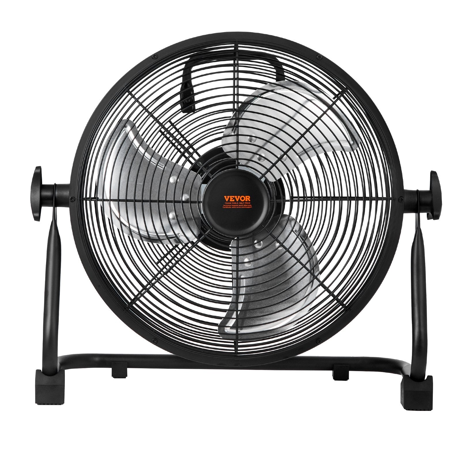 Black VEVOR cordless floor fan close front view with metal grille and stand