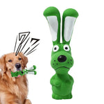 Green latex rabbit squeaky chew toy with white inner ears and cartoon face