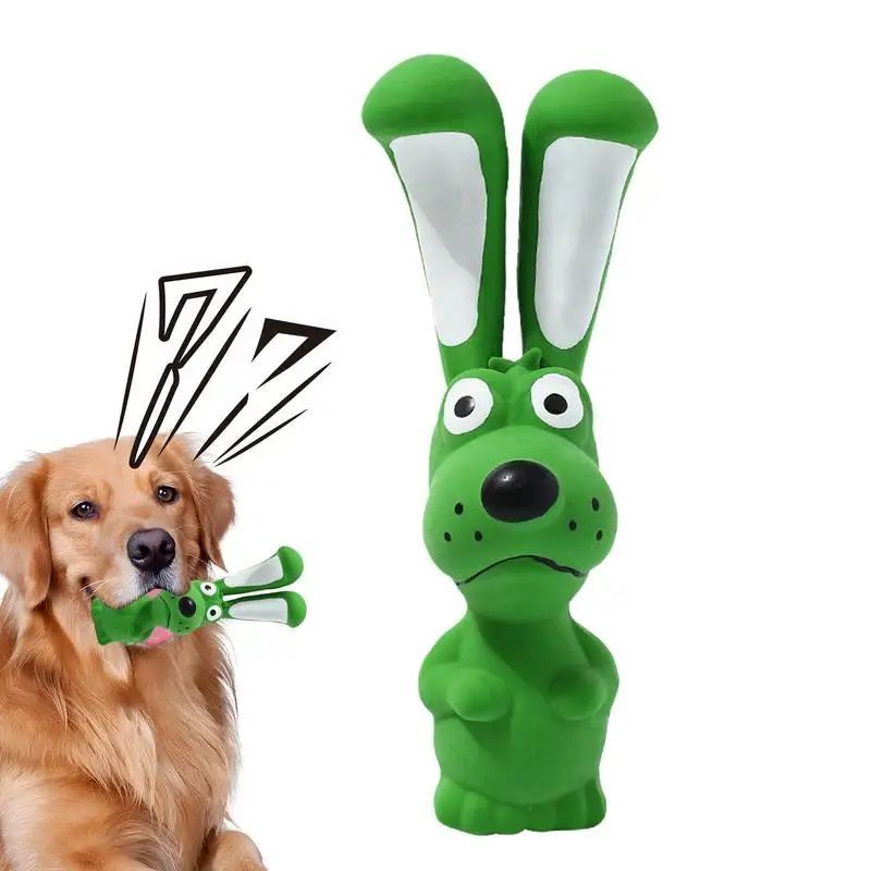 Green latex rabbit squeaky chew toy with white inner ears and cartoon face