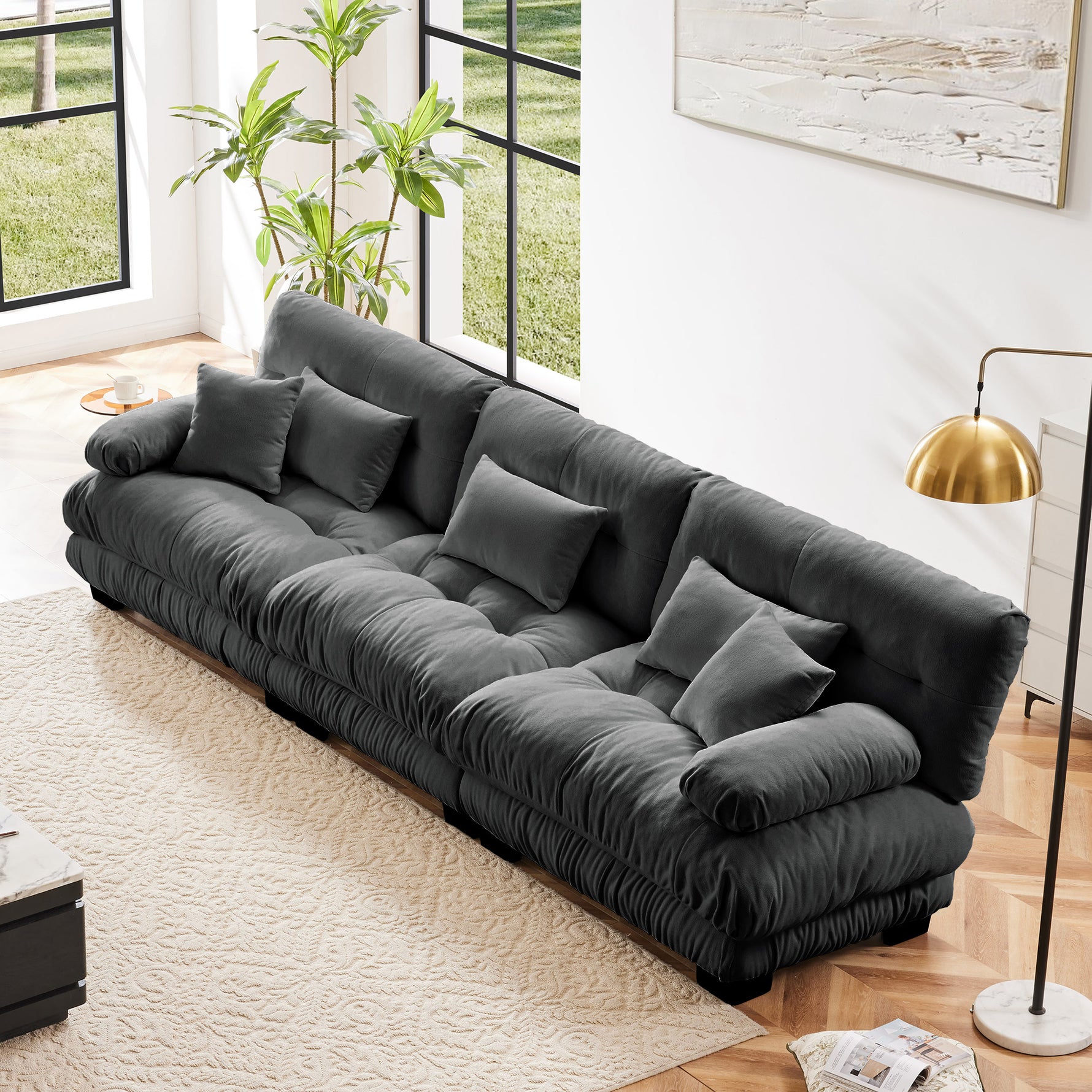 Sofá Seccional Modular de 3 Plazas, Sofá Profundo, Sofá de Chenilla, Muebles Tapizados Suaves y Cómodos para Sala de Estar, Apartamento, Estudio, Oficina, Gris Chenilla