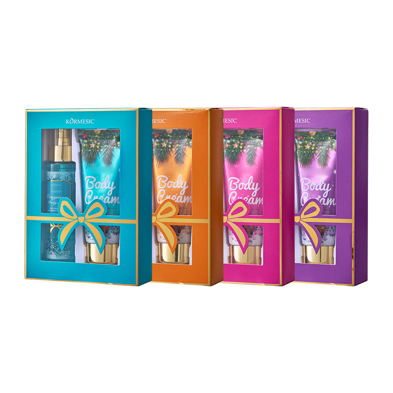 Assorted KORMESIC body cream gift boxes in blue, orange, pink, and purple