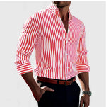 Men's striped button-up shirt, spread collar, long sleeves, vertical red-and-white stripes