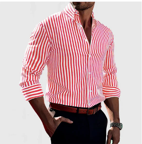 Men's striped button-up shirt, spread collar, long sleeves, vertical red-and-white stripes