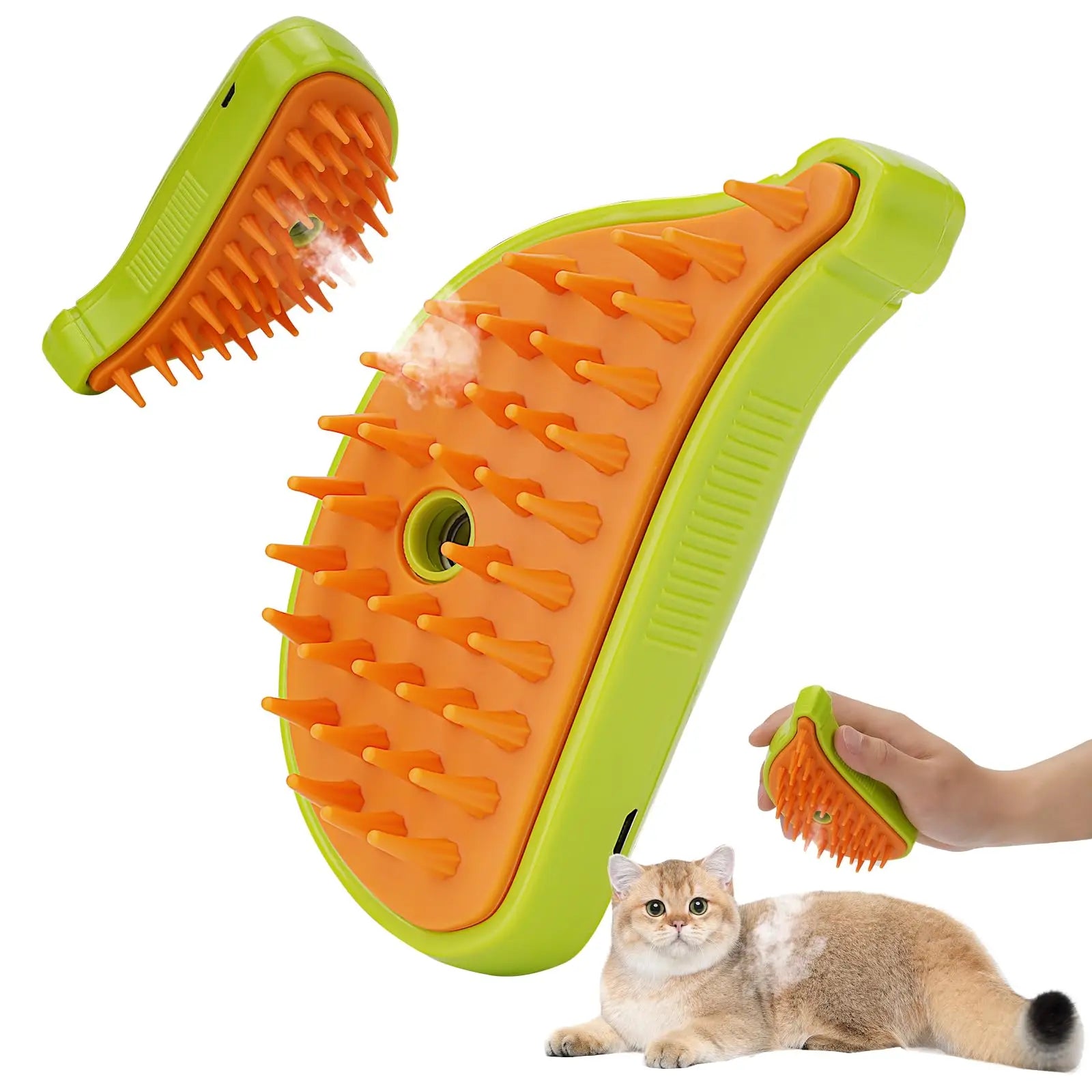 Green pet steam brush with orange silicone bristle pad for grooming
