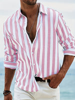 Men's striped button-up long-sleeve shirt with white and pink vertical stripes