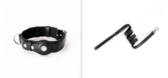 Black leather pet collar with AirTag holder, metal clasp, and adjustable strap