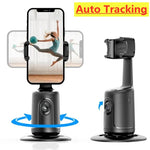 Auto tracking smartphone gimbal with phone holder on a black rotating base