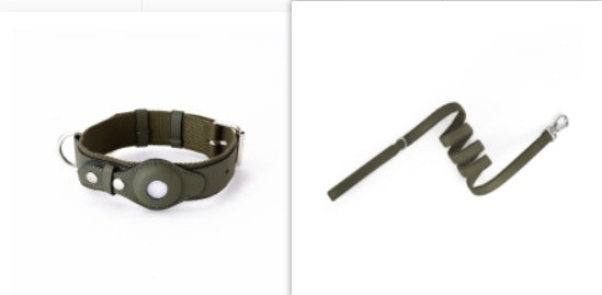 Dark green leather pet collar with AirTag holder, metal clasp, and adjustable strap