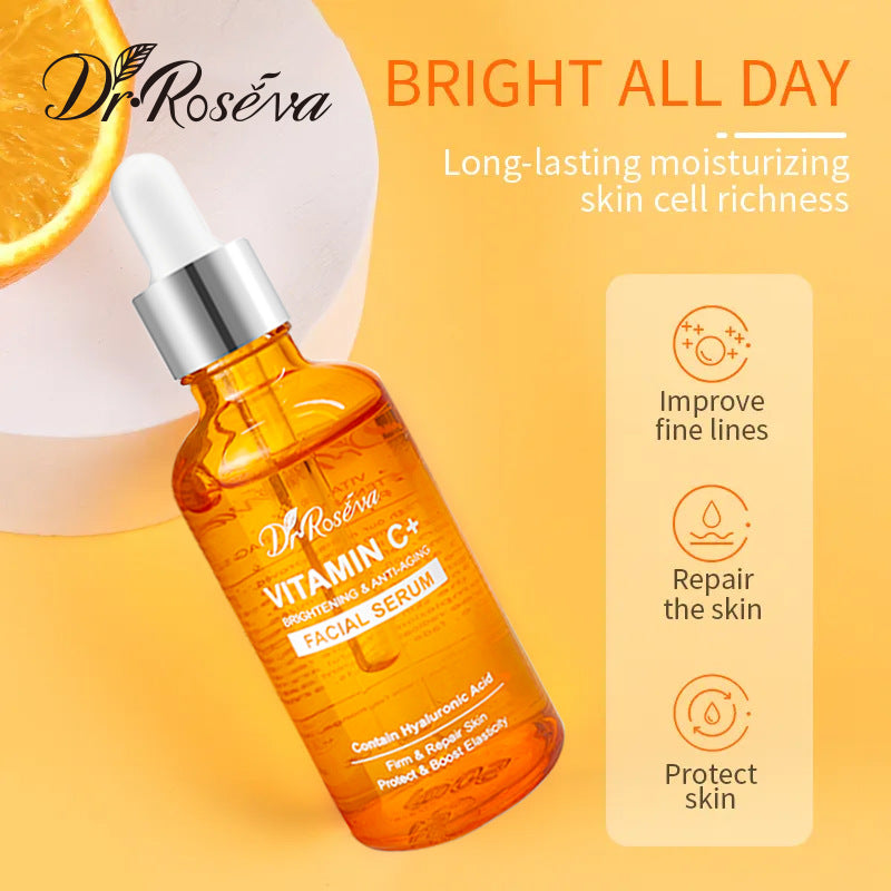Dr.Roséva Vitamin C+ facial serum bottle with silver pump, amber liquid