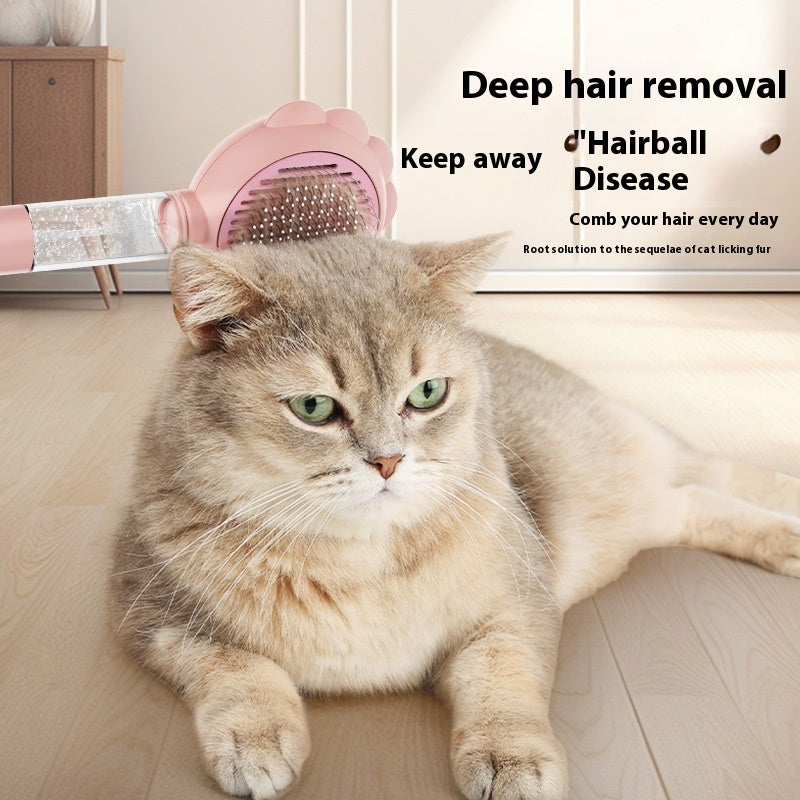 Pet grooming spray comb with pink flower head brushing a cat coat