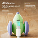 Green cat teaser mouse with USB charging port under body and two purple wheel covers